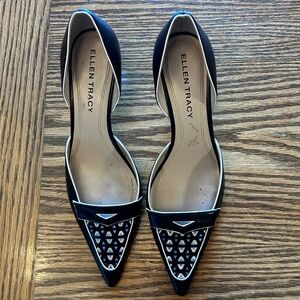 Ellen Tracy Esther Pointed Toe d’Orsay Heel Black Leather Vintage Pattern Sz 6.5